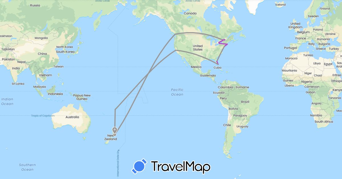 TravelMap itinerary: driving, plane, train in Canada, Fiji, New Zealand, United States (North America, Oceania)